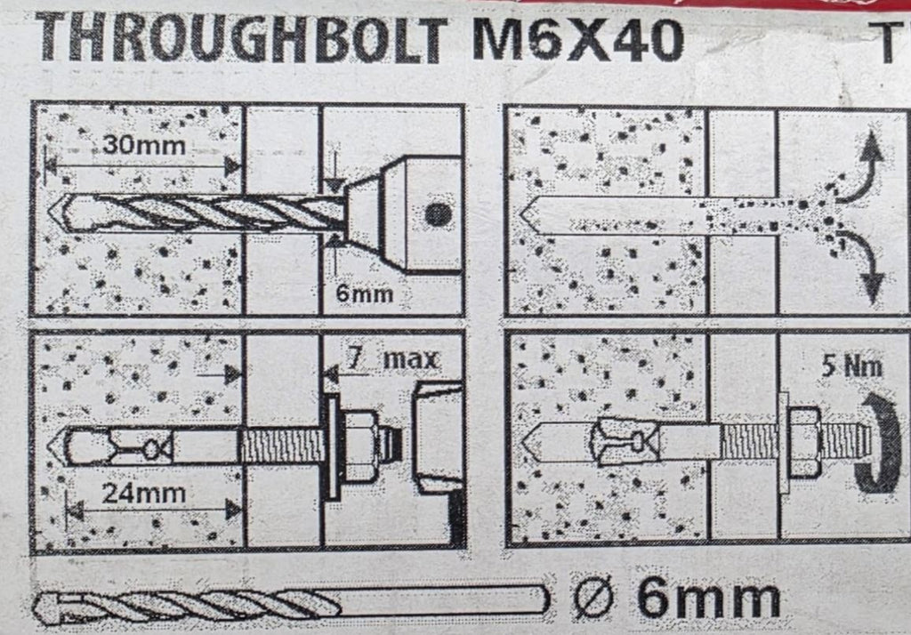 Throughbolt Anchor Fixings Wedge Bolts Masonry Concrete Stone M6 x 40mm Zinc